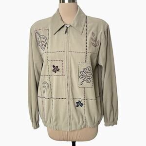 Alfred Dunner Jacket Womens 8 Tan Collar Full Zip Stylish Embroidered Leaves